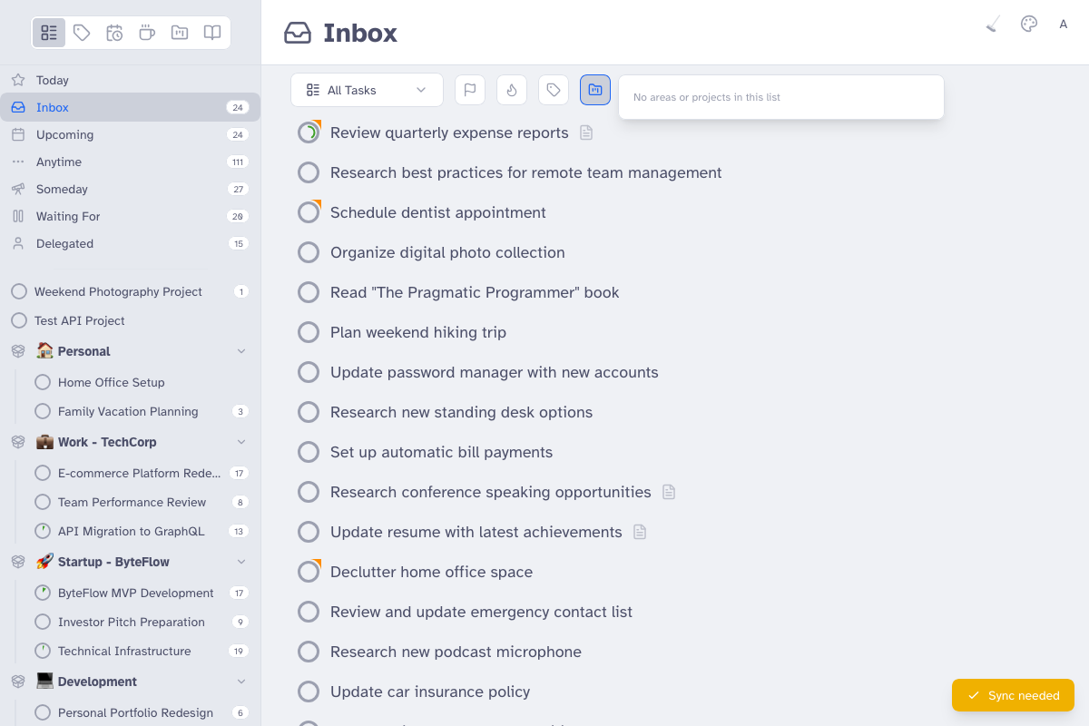 Irkless GTD task manager inbox view showing organized tasks with tags and projects