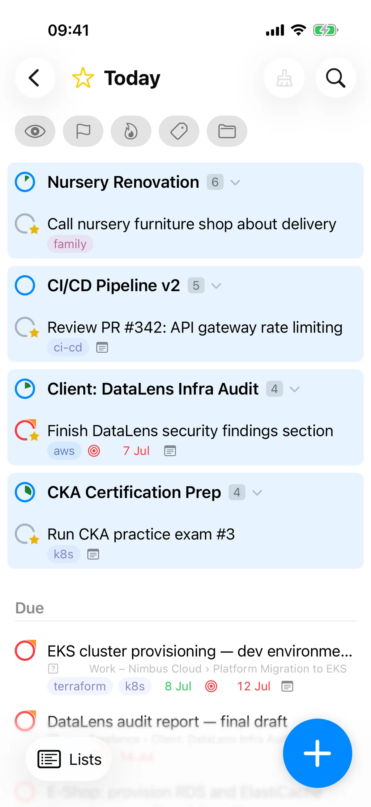 Today in the Irkless iPhone app, grouped by project, with a button to add a task.