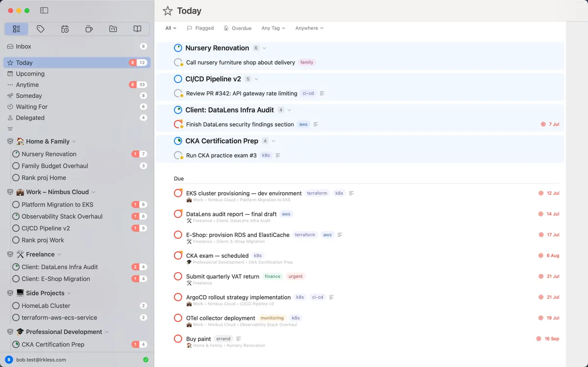 The Irkless Mac app on Today, with lists, areas and projects in the sidebar and today's tasks grouped by project.