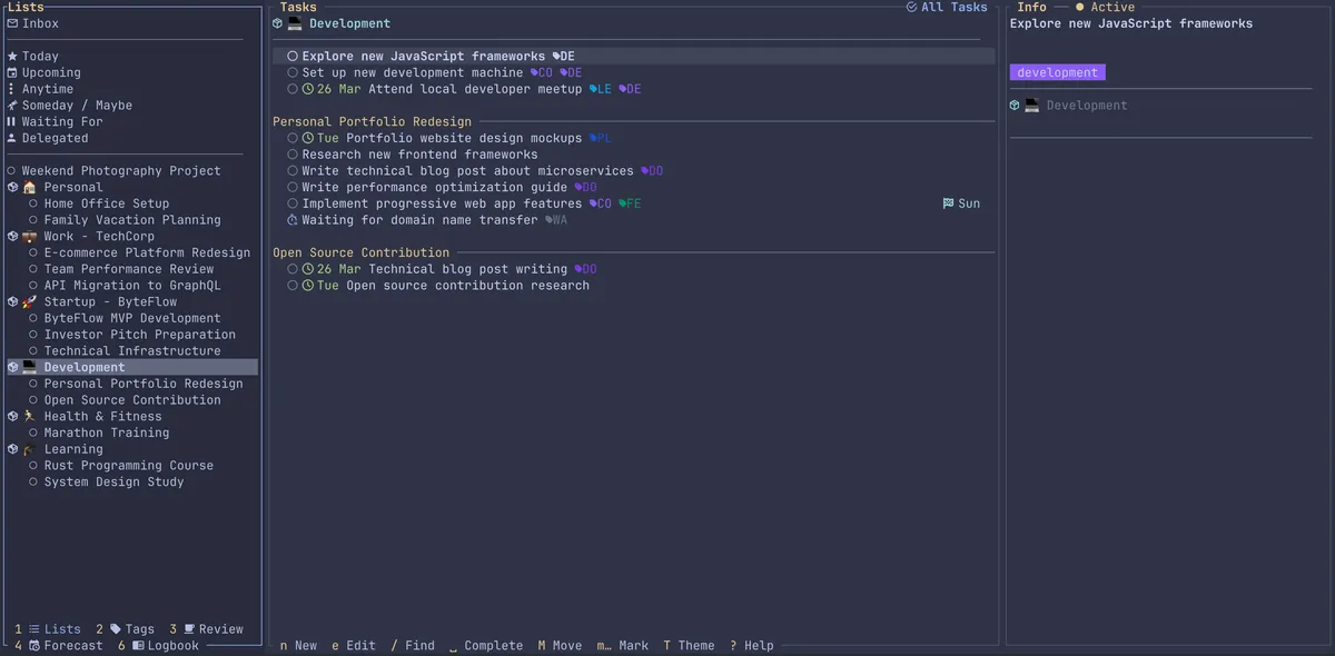 The Irkless terminal app showing areas, projects and tasks.