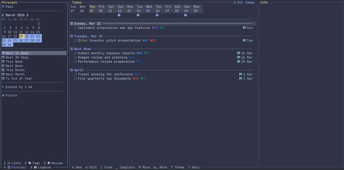 Forecast in the terminal app: upcoming tasks by date.