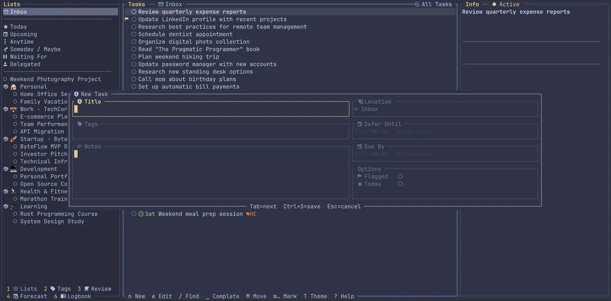 The terminal app's capture line open over the task list.