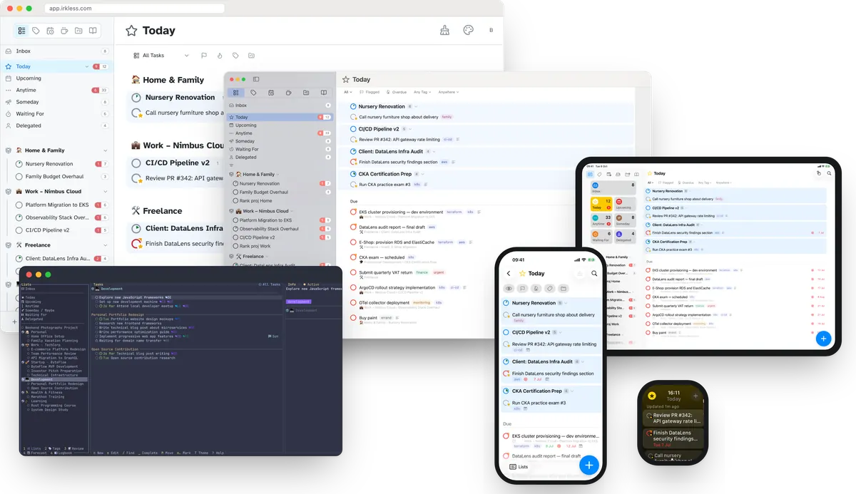 Irkless on every platform: the web app in a browser, the terminal app, the Mac app, and the iPad, iPhone and Apple Watch apps, all showing the same lists.
