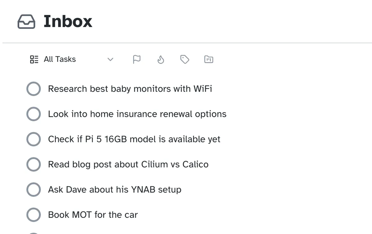 The Inbox with a few unsorted tasks waiting to be filed.