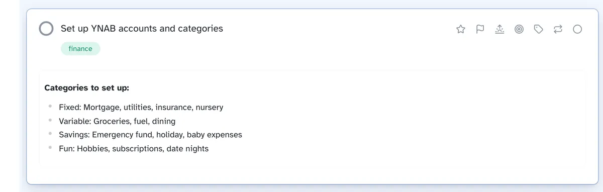 A task opened in place, with a formatted note listing budget categories.