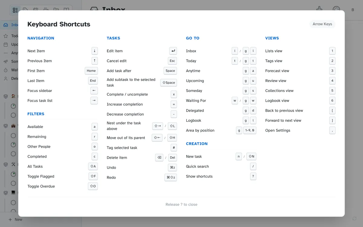 The keyboard shortcuts overlay that appears while ? is held.