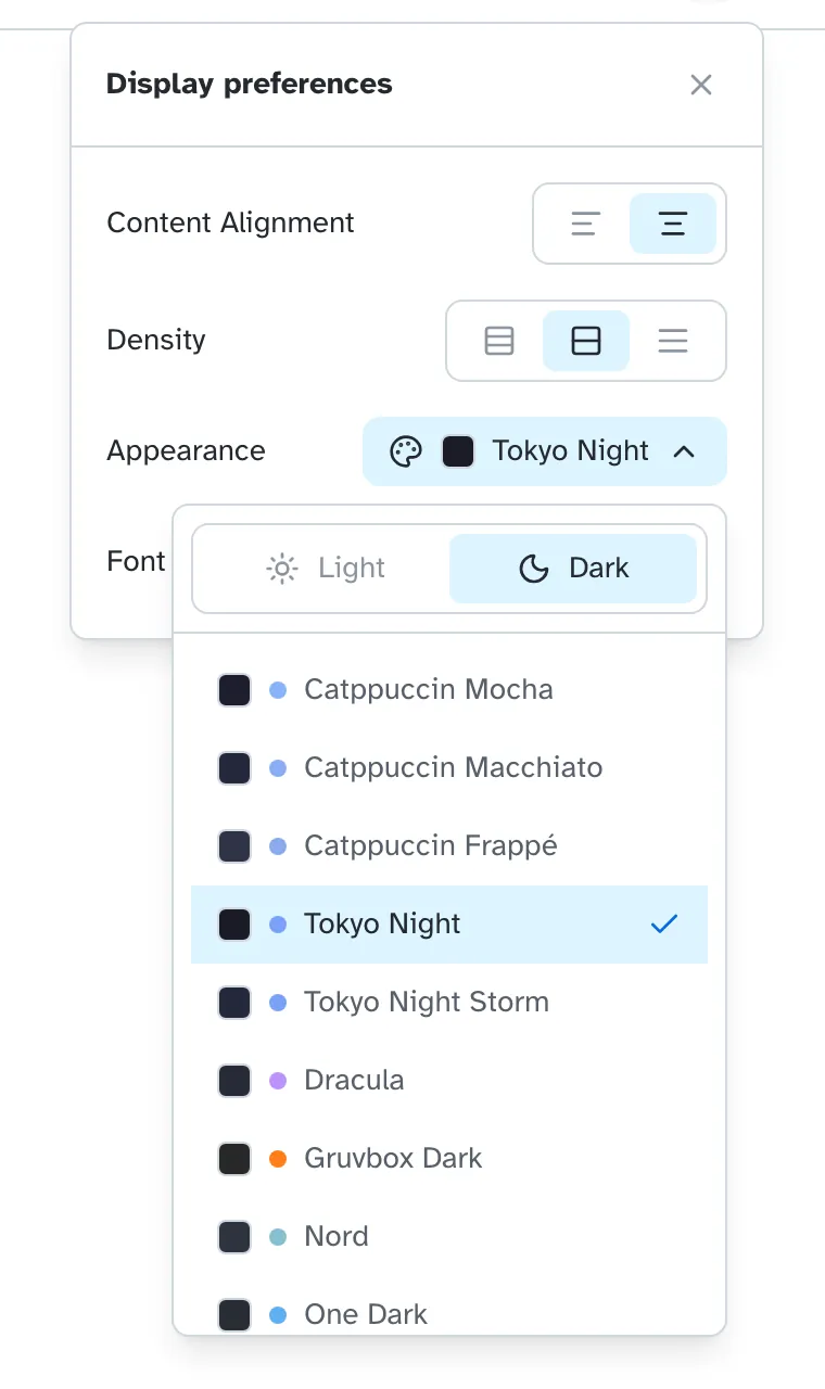 Display preferences open, with a list of colour themes to choose from.