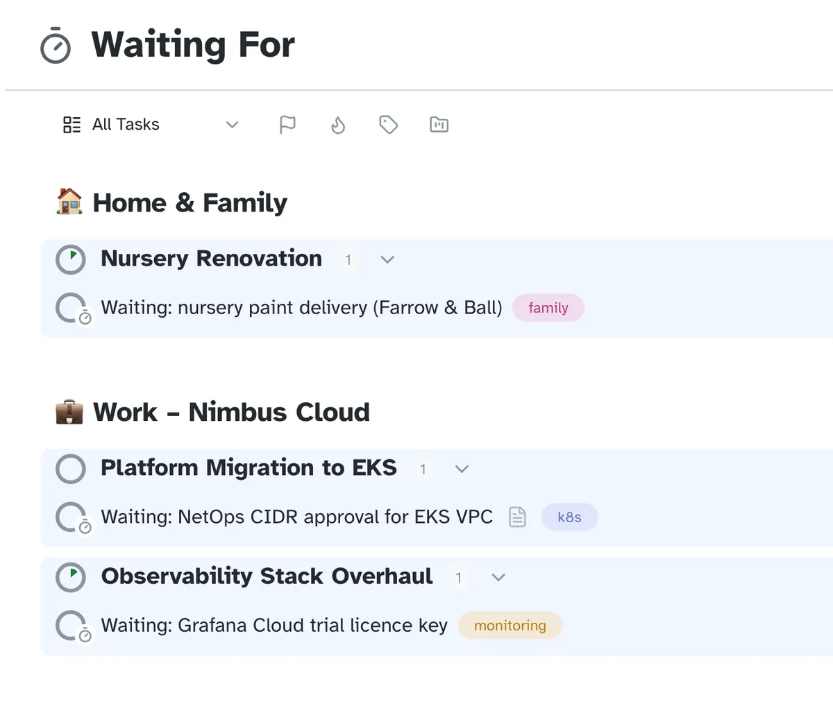 The Waiting For list, grouped by area and project: a paint delivery, a network approval and a licence key.